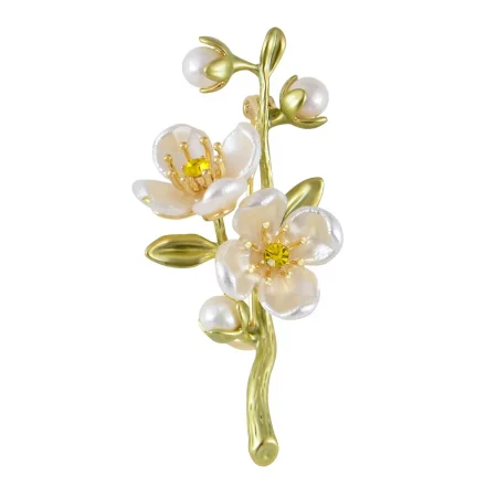Elegant Cherry Blossom Flower Plant Brooch Lapel Pin Shell Pearl Leaf Brooches Pins For Birthday