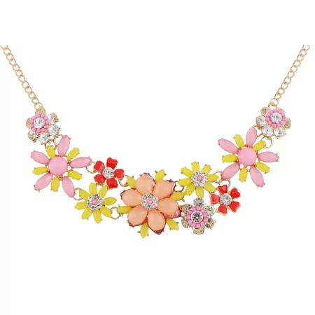 Gold Tone Multicolor Enamel Floral Statement Necklace with Pearl and Crystal Accents